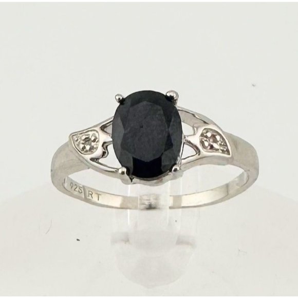 Black Sapphire and Diamond Accent Oval Ring - Sterling Silver - Size 7 - Simple - Picture 1 of 12
